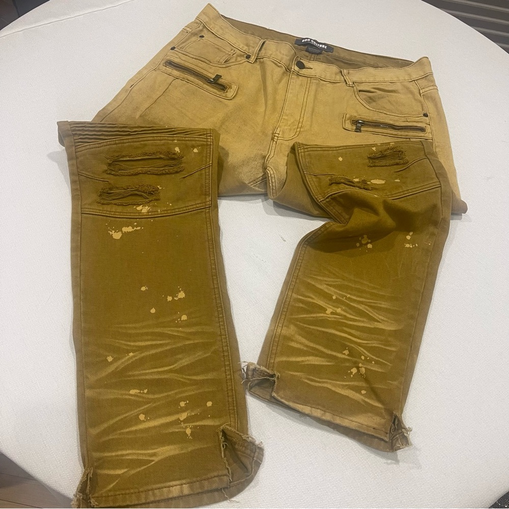 Odd Culture Mustard Gold DESTROYED Men’s Jeans 40x32 Whisker Acid Wash Moto Str8